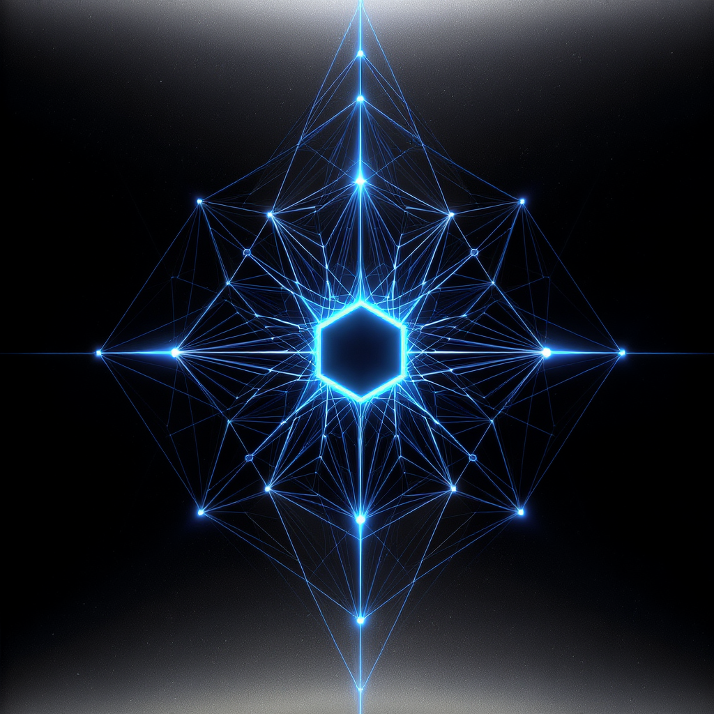 A luminous blue hexagonal core connected to a symmetrical network of fine blue lines and bright nodes